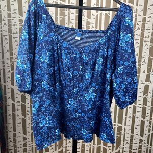 Navy blue dark floral button up puff sleeve smocked back cropped cottagecore top